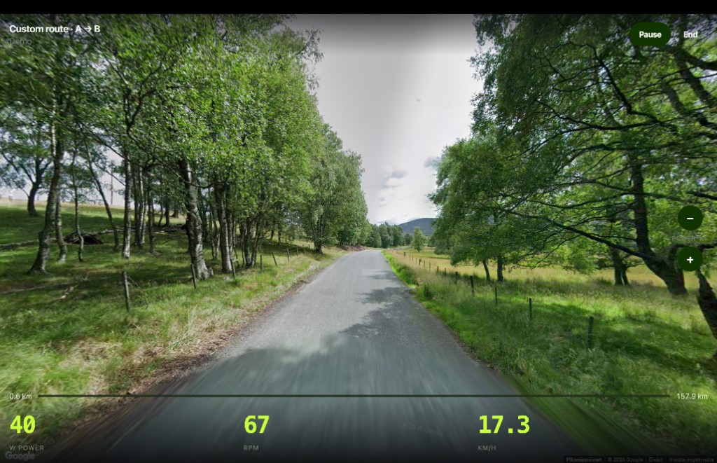 Custom A to B indoor cycling route on Google Street View with power cadence and speed overlay