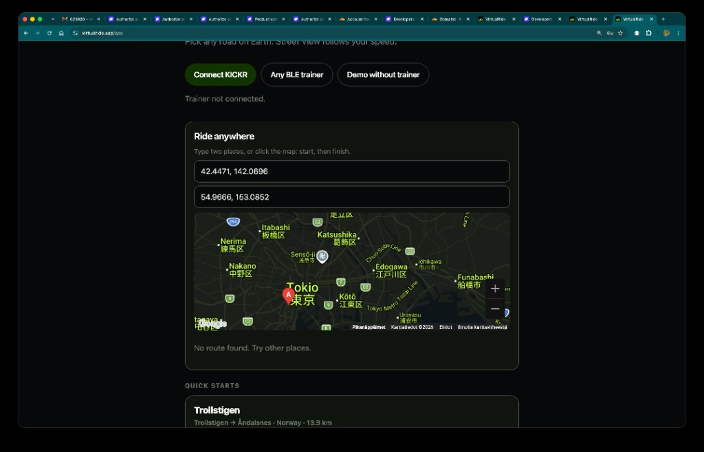 VirtualRide route picker: connect a Wahoo KICKR, then type start and finish anywhere in the world